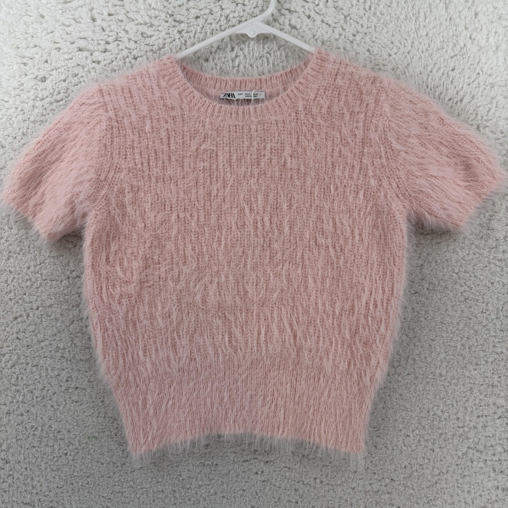 Zara Sweater Womens Small Pink Fuzzy Eyelash Short Sleeve Knit Pullover NWT